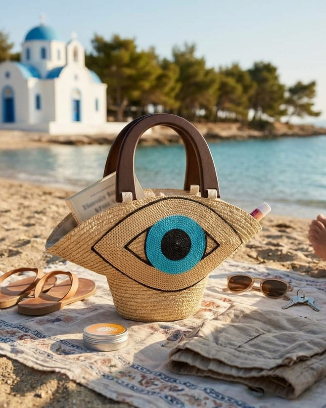 Casa Duniya Sequin Evil Eye Straw Bag with Wooden Handles on a Beach Mat Rayan Evil Eye Beach Bag