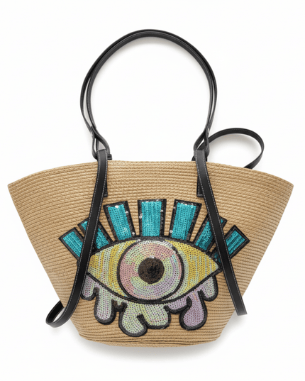 Delilah Beige Straw Woven Beach Bag With Decorative Sequins Evil Eye Design And Black Straps
