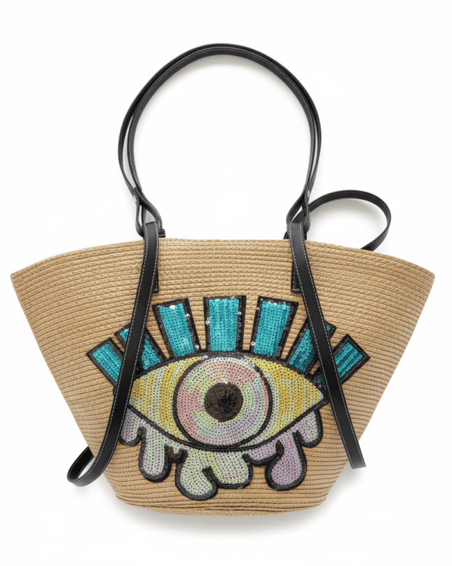 Delilah Beige Straw Woven Beach Bag With Decorative Sequins Evil Eye Design And Black Straps