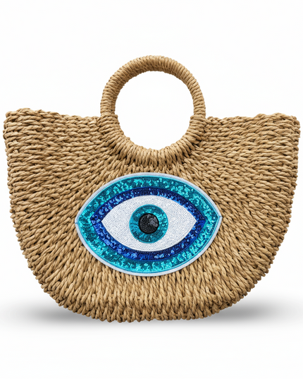 Eliza Straw Woven Beach Bag With Turquoise Sequins Evil Eye Design