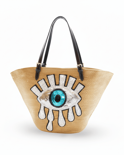 Leah Beige Straw Woven Beach Bag With Sequins Evil Eye Motif And Black Straps