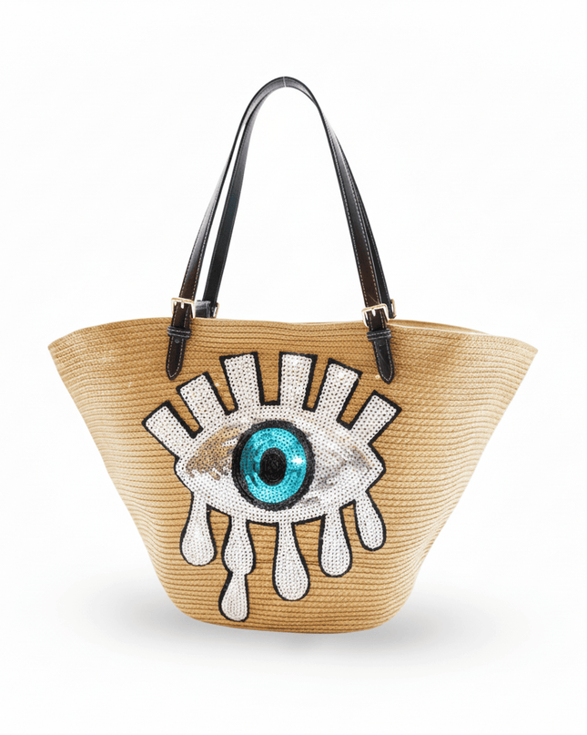 Leah Beige Straw Woven Beach Bag With Sequins Evil Eye Motif And Black Straps