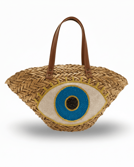 Rachel Beige Straw Woven Beach Bag With A Sequins Evil Eye Design and Brown Leather Straps