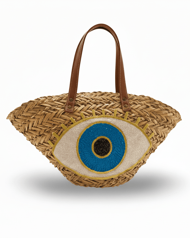 Rachel Beige Straw Woven Beach Bag With A Sequins Evil Eye Design and Brown Leather Straps