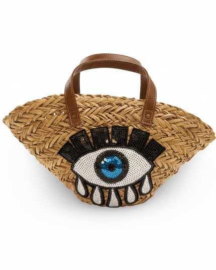 Sarah Beige Woven Straw Beach Bag With Sequins Evil Eye Design And Brown Straps