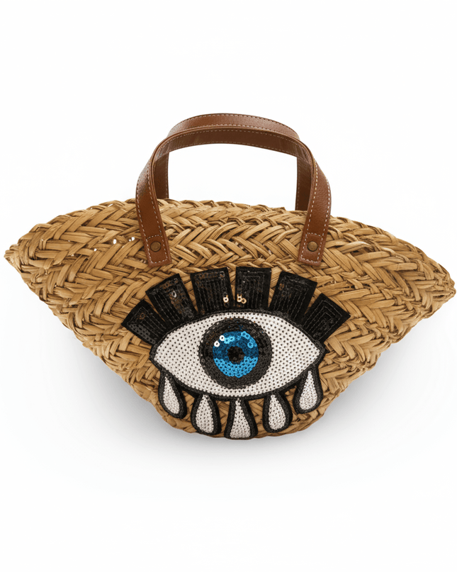 Sarah Beige Woven Straw Beach Bag With Sequins Evil Eye Design And Brown Straps