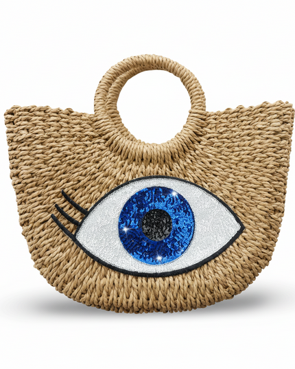 Talia Beige Woven Straw Beach Bag With a Sequins Blue Evil Eye Design