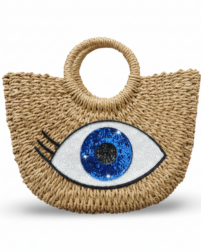 Talia Beige Woven Straw Beach Bag With a Sequins Blue Evil Eye Design