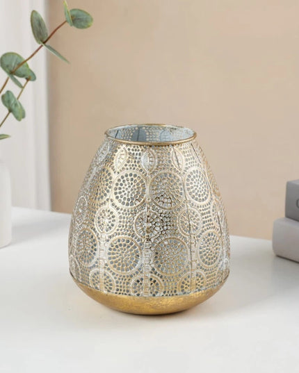 Casbah silver metal candle holder, pierced circular medallion pattern