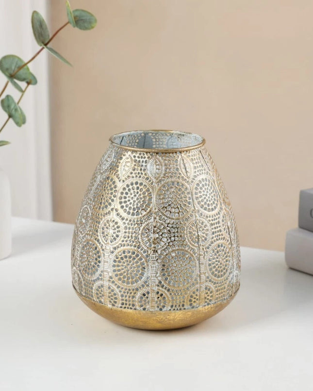 Casbah silver metal candle holder, pierced circular medallion pattern