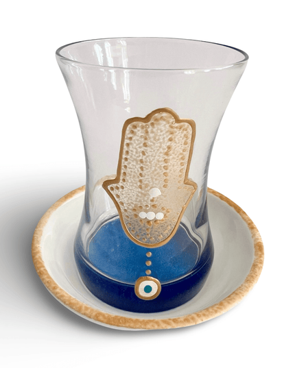 Hand Painted Blue Gold Hamsa Teacup and Saucer Hand of Fatima