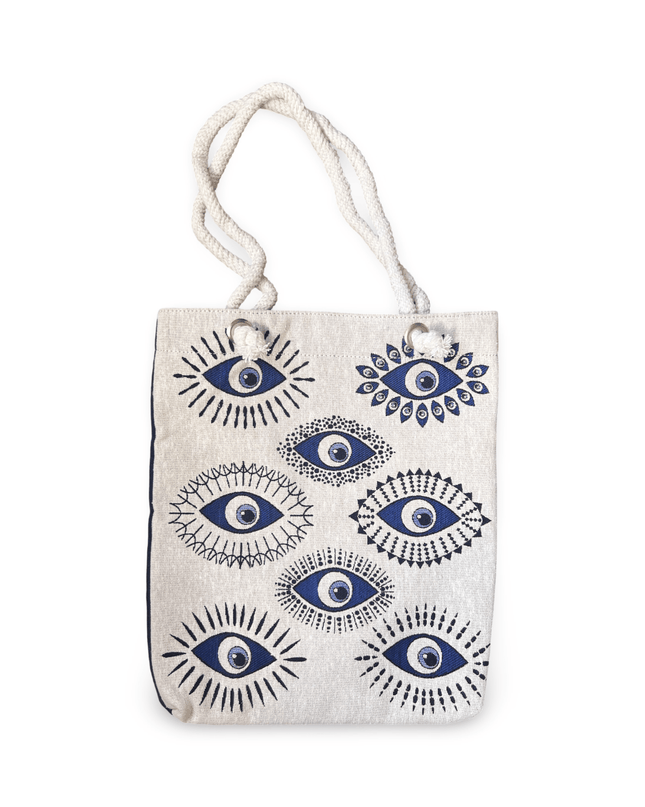Beige Canvas Beach Bag with Evil Eye Design