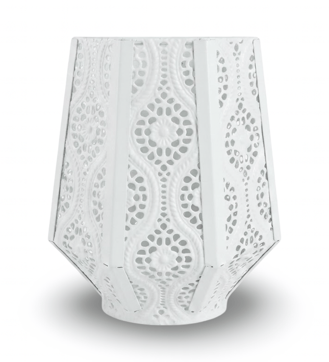 Paloma white pierced metal lantern candle holder, floral cut-out pattern