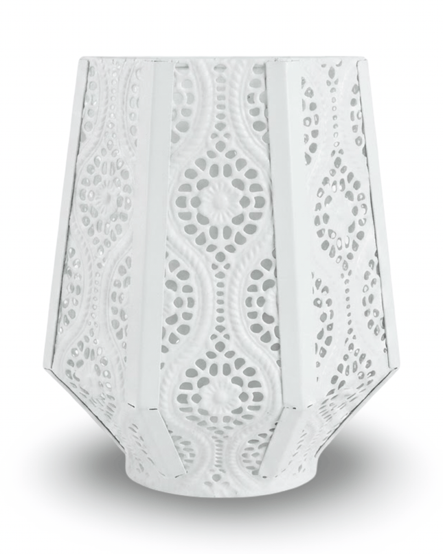 Paloma white pierced metal lantern candle holder, floral cut-out pattern
