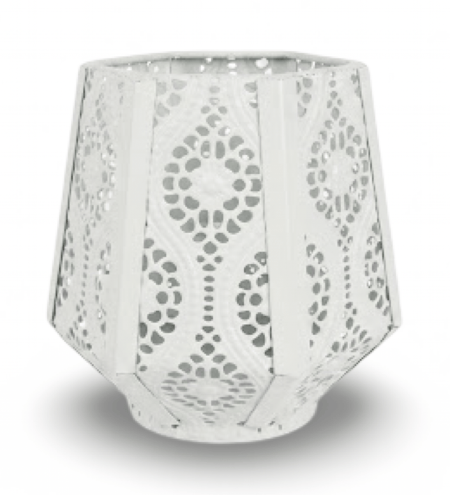 Paloma white pierced metal lantern candle holder, floral cut-out pattern
