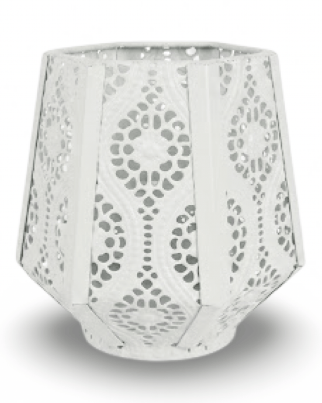 Paloma white pierced metal lantern candle holder, floral cut-out pattern
