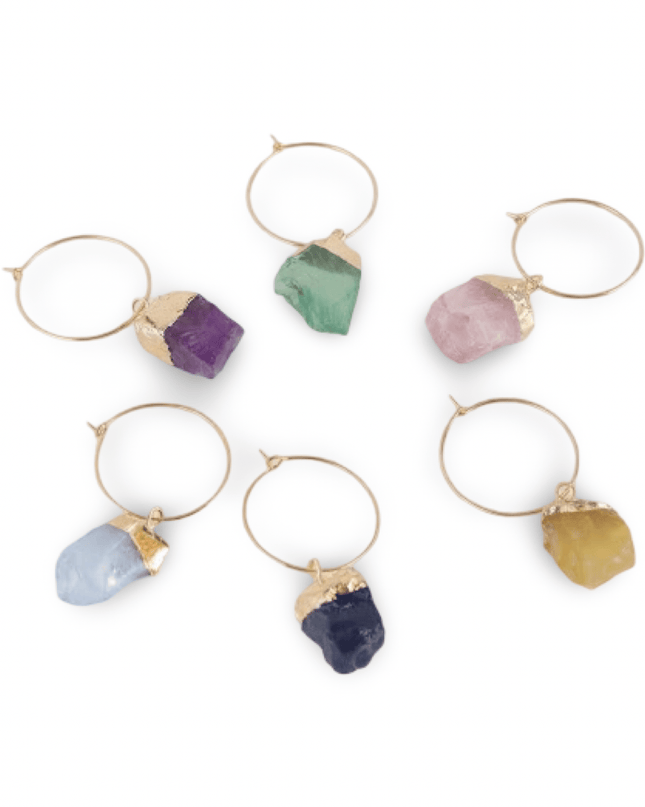 Set of 6 gemstone and metal wine glass charms in blue, purple, green, pink, yellow and black