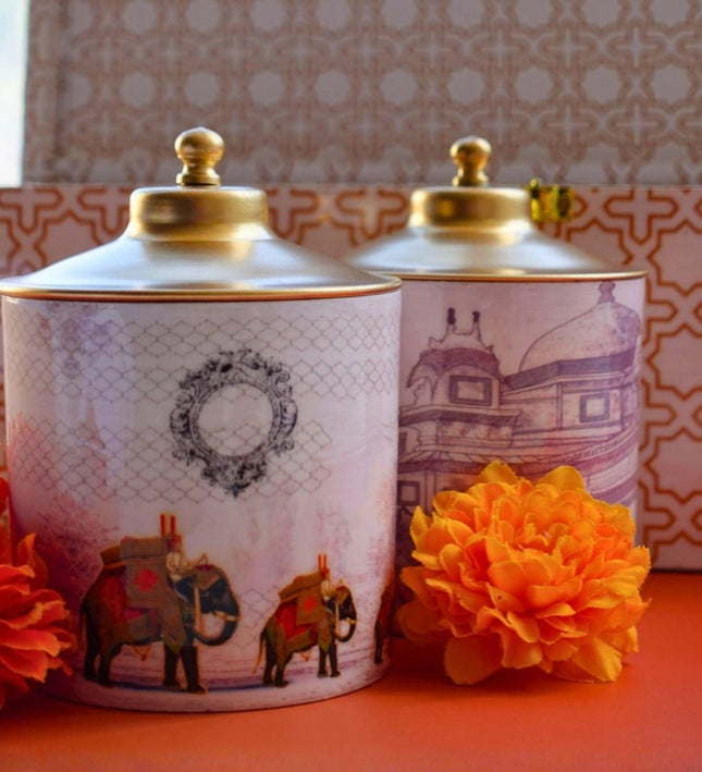 Casa Duniya Wooden Elephant Box with Metal Jars Hathi Box Set with 4 Jars