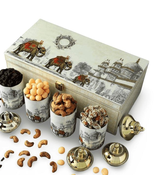 Casa Duniya Wooden Elephant Box with Metal Jars Hathi Box Set with 4 Jars