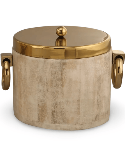 White Wood Ice Bucket with Gold Metal Handles and Cover