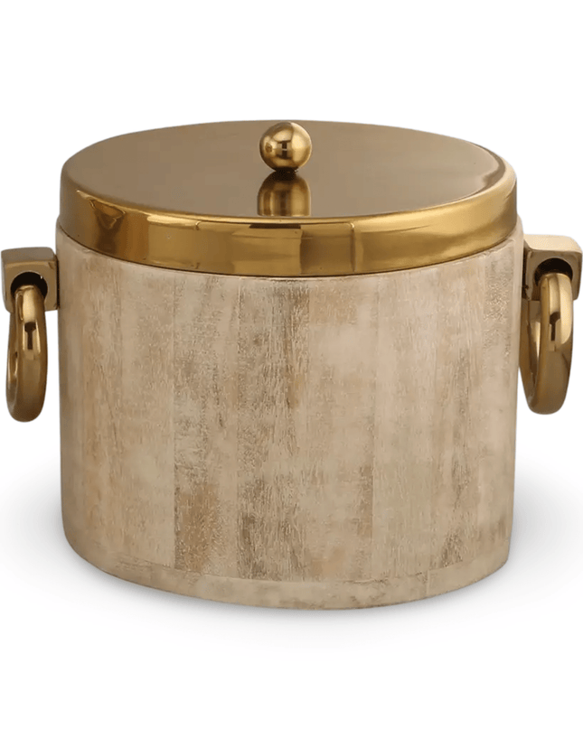 White Wood Ice Bucket with Gold Metal Handles and Cover