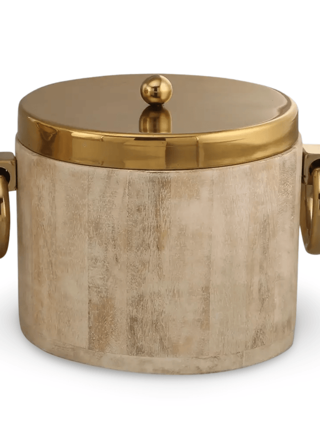White Wood Ice Bucket with Gold Metal Handles and Cover