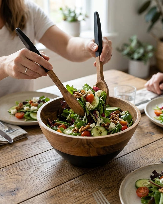 Casa Duniya Wooden Salad Bowl Set Black Tossing Salad on a Wooden Table Suma Salad Bowl and Servers