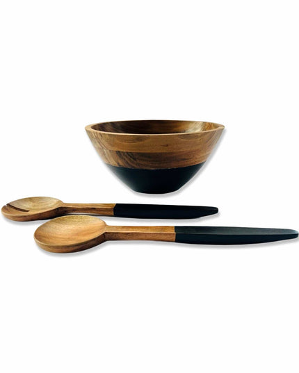Wood and Black Salad Bowl and Servers