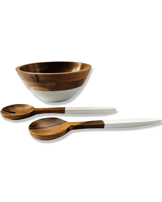 Wood and White Salad Bowl and Servers