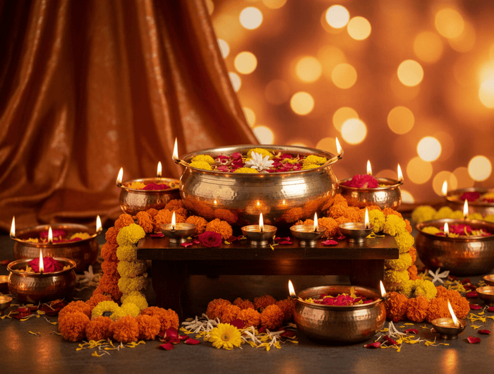 diwali decor with diyas and urlis