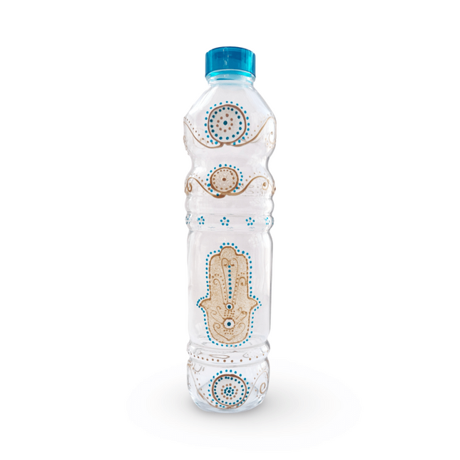 Hand-Painted Water Bottle with Gold Hamsa Fatima Evil Eye