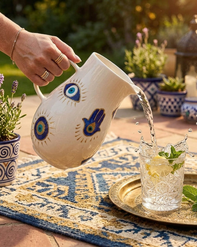 Karima evil eye and hamsa water jug, hand-painted glass
