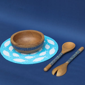 Bamboo Resin Wood Blue Salad Bowl Servers Beaded Round Placemat Fish