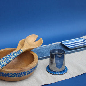 Blue White Striped Sushi Plate Serving Platter Water Glass Bamboo Wood Salad Bowl and Server
