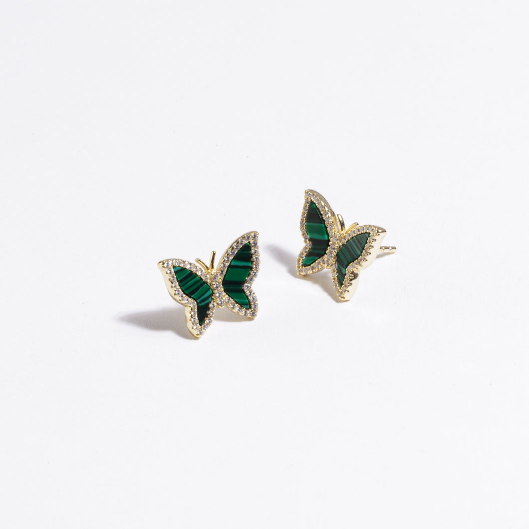 Gold Diamonds Malachite Butterfly Earrings