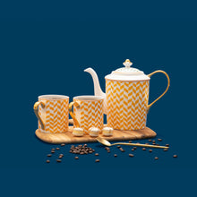 Load image into Gallery viewer, Yellow and White Mugs and Teapot with Gold Teaspoon
