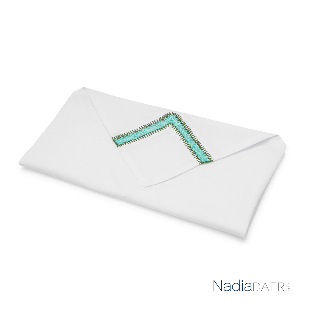 Nadia Dafri White Cotton Hand-embroidered Turquoise Napkin