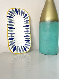 Handpainted Ceramic Serving Plate Feather Blue White Yellow