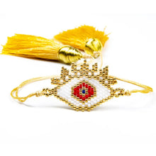 Load image into Gallery viewer, Gold Beaded Bracelet with White and Red Evil Eye
