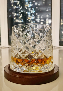 Crystal Rolling Whiskey Glass with Wooden Coaster