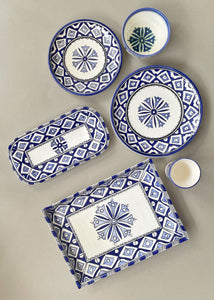 Handpainted Ceramic Blue White Geometric Dinner Plate Set