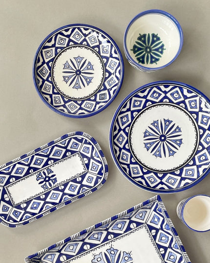 Handpainted Ceramic Blue White Geometric Dinner Plate Set