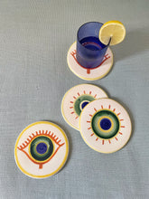 Load image into Gallery viewer, Blue Striped Water Glass Handpainted White Evil Eye Ceramic Coaster
