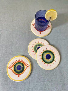 Blue Striped Water Glass Handpainted White Evil Eye Ceramic Coaster