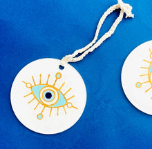 Load image into Gallery viewer, Handpainted White Turquoise Evil Eye Door Charm
