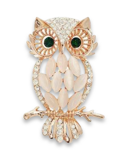 Gold Owl Rhinestone Brooch