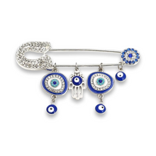 Load image into Gallery viewer, Silver Evil Eye Nazar Hamsa Brooch with Crystals
