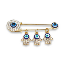 Load image into Gallery viewer, Gold Evil Eye Nazar Three Hamsa Brooch with Crystals
