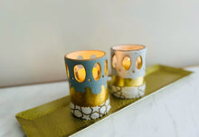 Load image into Gallery viewer, Hand Painted Gray and White Candle Holders with Gold Hammered Tray
