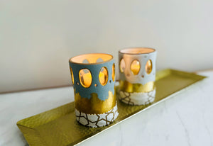 Hand Painted Gray and White Candle Holders with Gold Hammered Tray